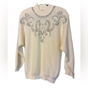Alfred Dunner Cream Beaded Sequin Embellished Long Sleeve Vintage Sweater Size L
